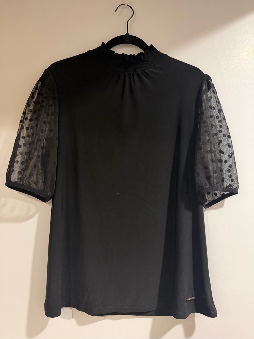 Anne Klein Black Ruffle Neck Puff polka dot Sleeve Blouse - Picture 3 of 7